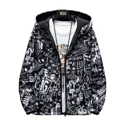 Strewear Graffiti Printed Fashion Reversible Jacket Men Thin Hooded Jackets Windbreakers Clothing Plus Size M-5XL