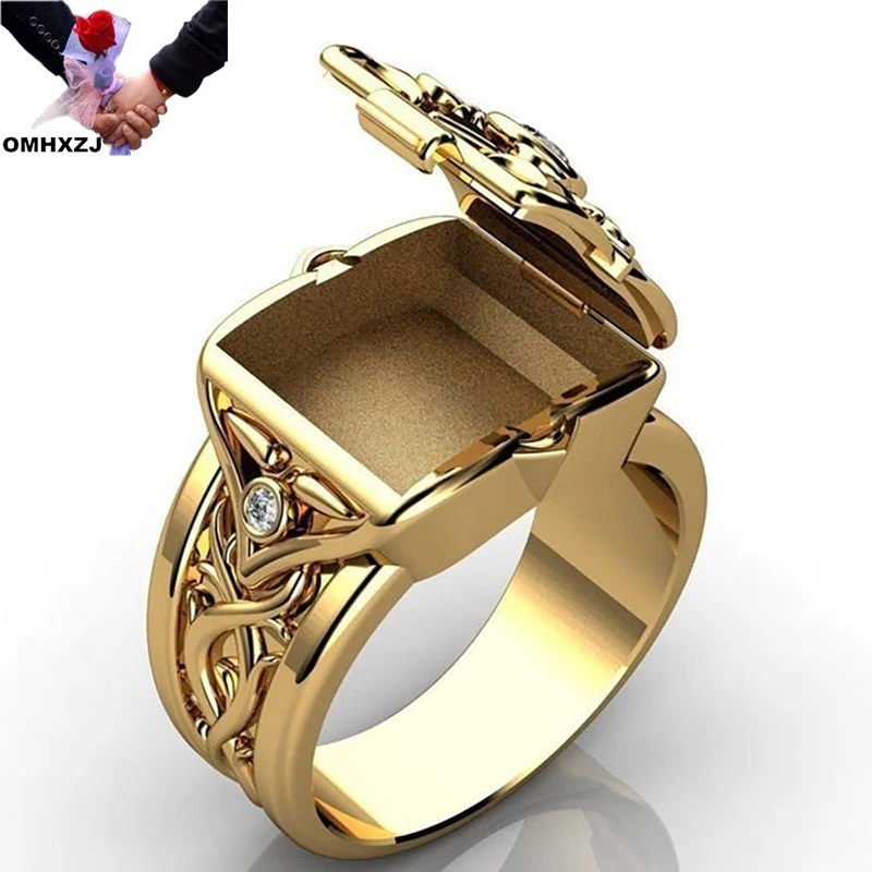 OMHXZJ Wholesale RR1602 European Fashion Fine Man Male Party Birthday Wedding Gift Hip Hop Open Box AAA Zircon 18KT Gold Ring