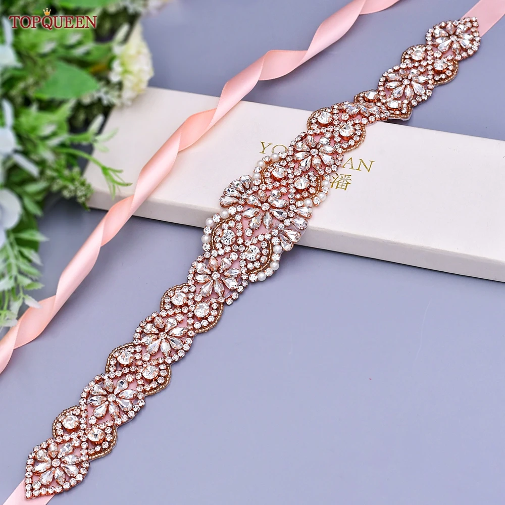 TOPQUEEN S161B-RG Bridal Dress Belts Rose Gold Rhinestones Applique Luxury Designer Women Evening Party Sash Wedding Accessories