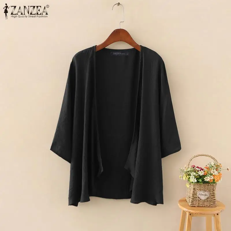 2023 ZANZEA Women\'s Summer Blouse Fashion Beach Cardigans Solid Casual 3/4 Sleeve Shirt Female Tunic Tops Kimono Cape