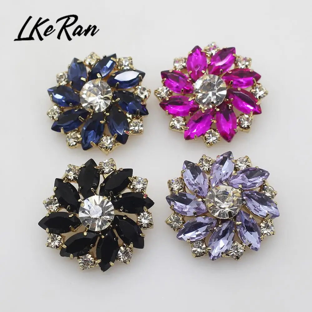 NEW 28mm 1Pcs Shiny Glass Crystal Rhinestone Button Flower Shank Button DIY Gold Metal Sewing Decorative Clothing Accessories