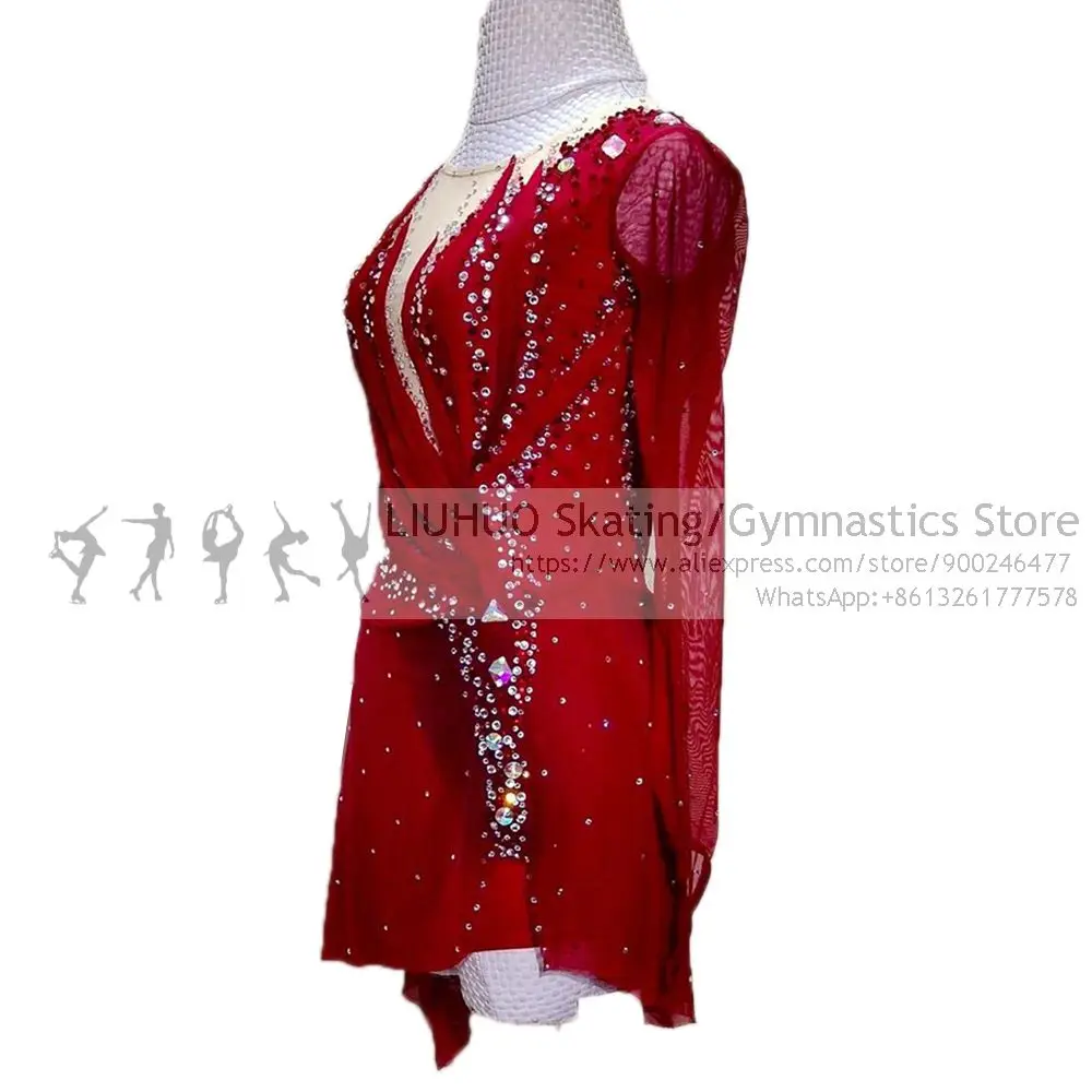 Figure Skating Dress Girl Ice Skating Competition Red Elegant Performance Rhythmic Ballroom Dance Leotard Artistic Costume Women