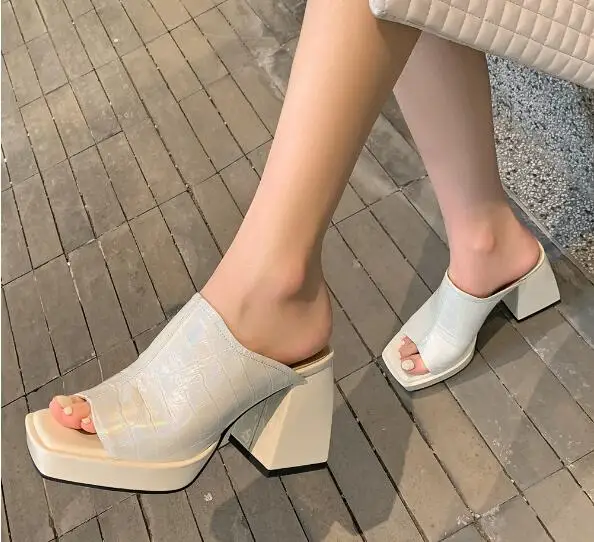 

Small Size 33 Girls Beige Nude Cow Leather Square Toe Slip On Slippers Sandals Woman 9 CM Chunky Heels Platform Pumps Shoes