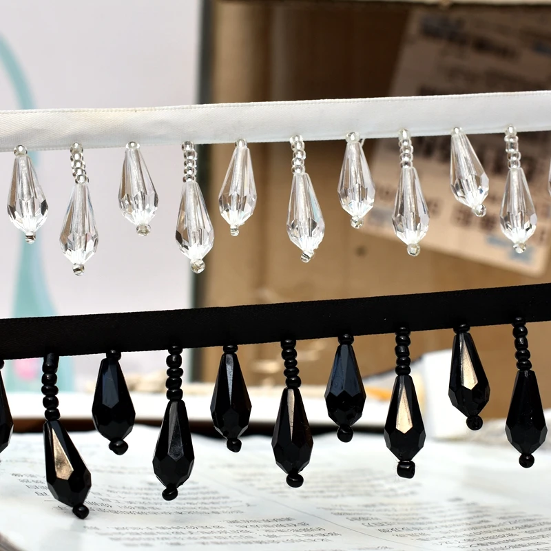 Water Drop Beaded Tassel Lace Trims Webbing Fabric Lace Ribbon Tape Weding Dress Collar Headdress Lace Applique DIY Crafts