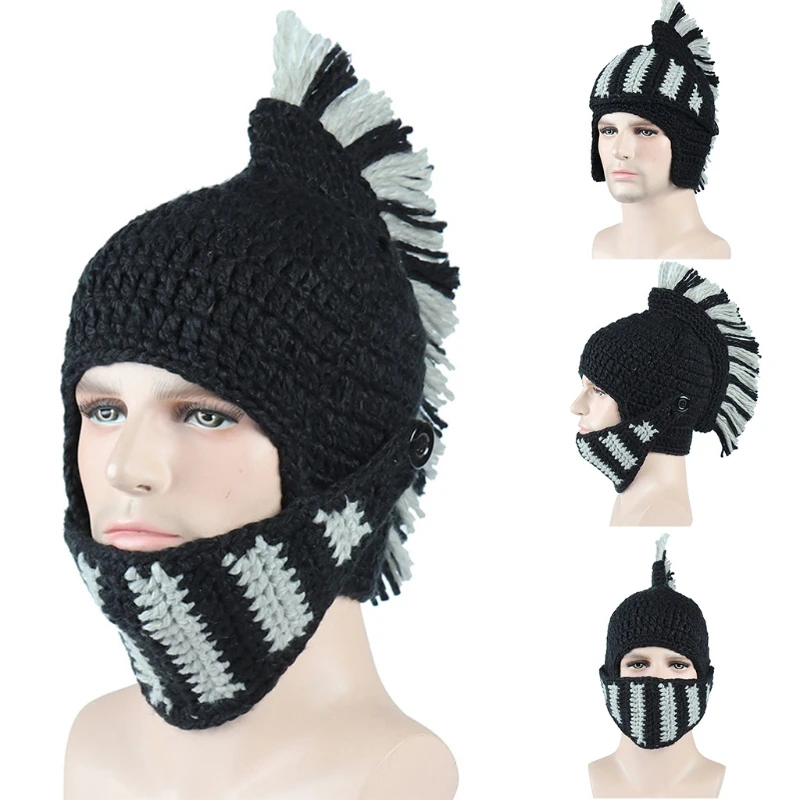 Men Women Funny Chunky Knitted Roman Knight Helmet Hat Contrast Color Tassel Barbarian Crochet Earflap Beanie Skull Cap with Fac