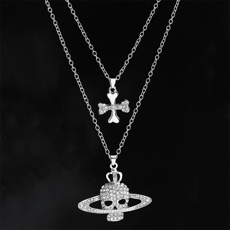 Gothic Halloween Necklace Inlaid Rhinestone Skull Saturn Pendant Double Chain Necklace Trend Men's and Women's Jewelry Gifts