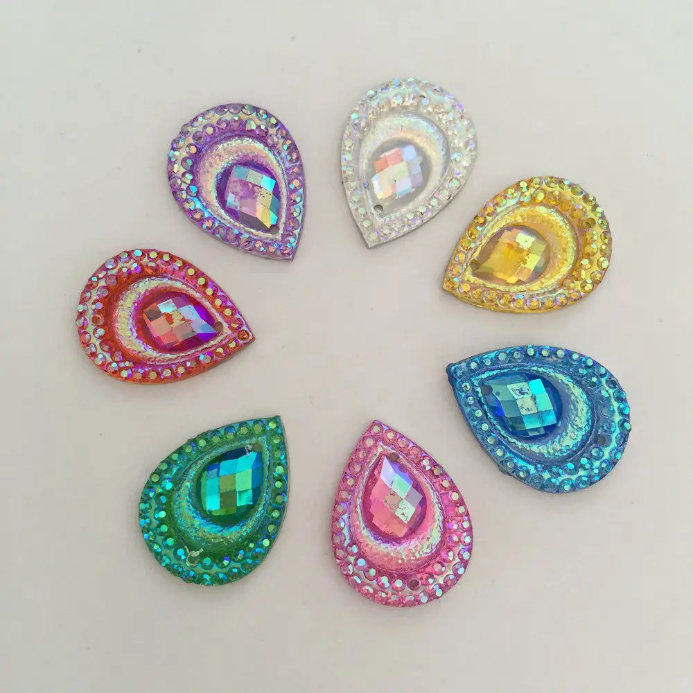 100PCS AB Resin 13*18mm Teardrop Peacock eye Flatback Rhinestone Scrapbook DIY Wedding 2 Hole Appliques Ornaments  SC56*2