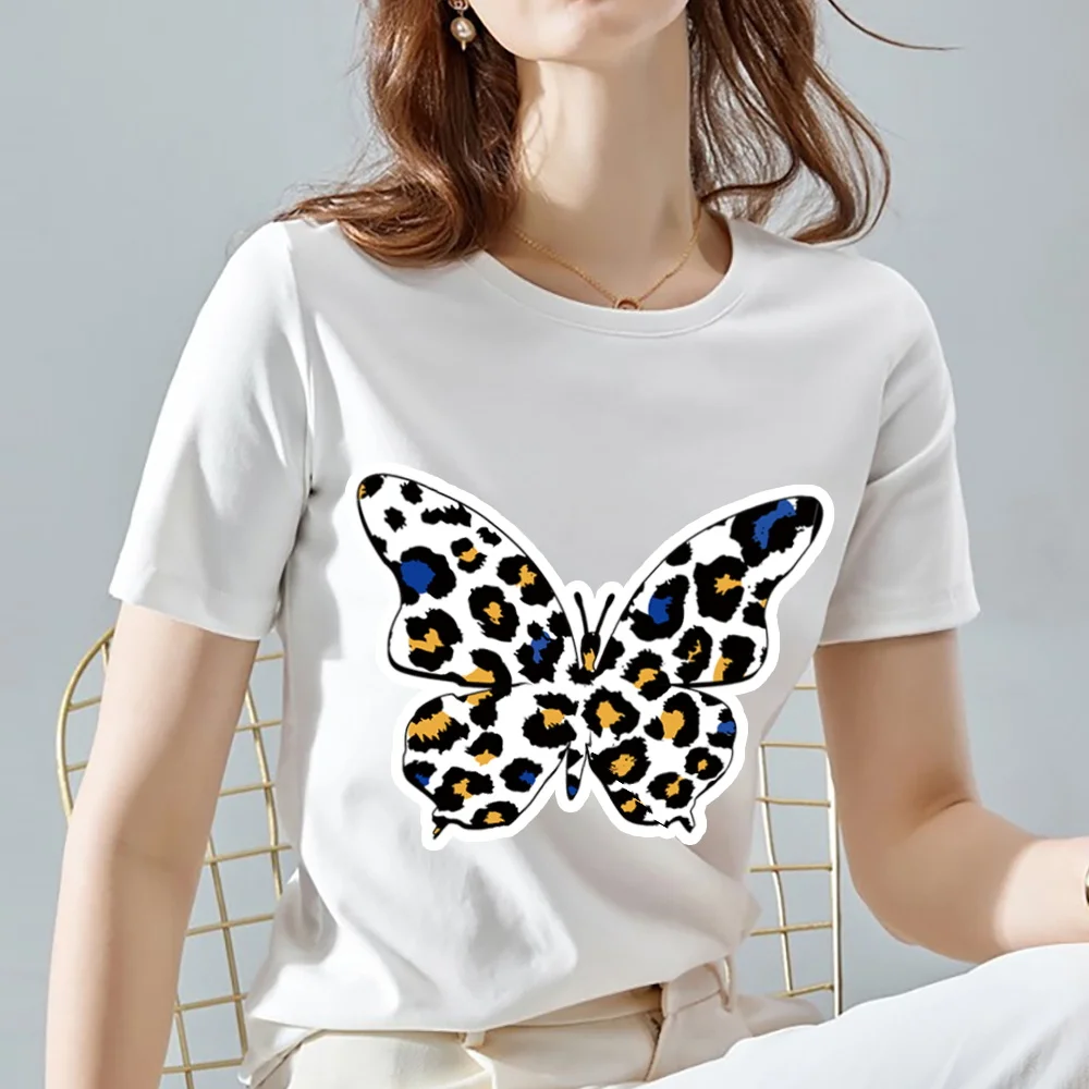 

Women's Fashion T-shirt Simple White T-shirt All-match Casual Top Flower Butterfly Print Pattern Round Neck Ladies Short Sleeve