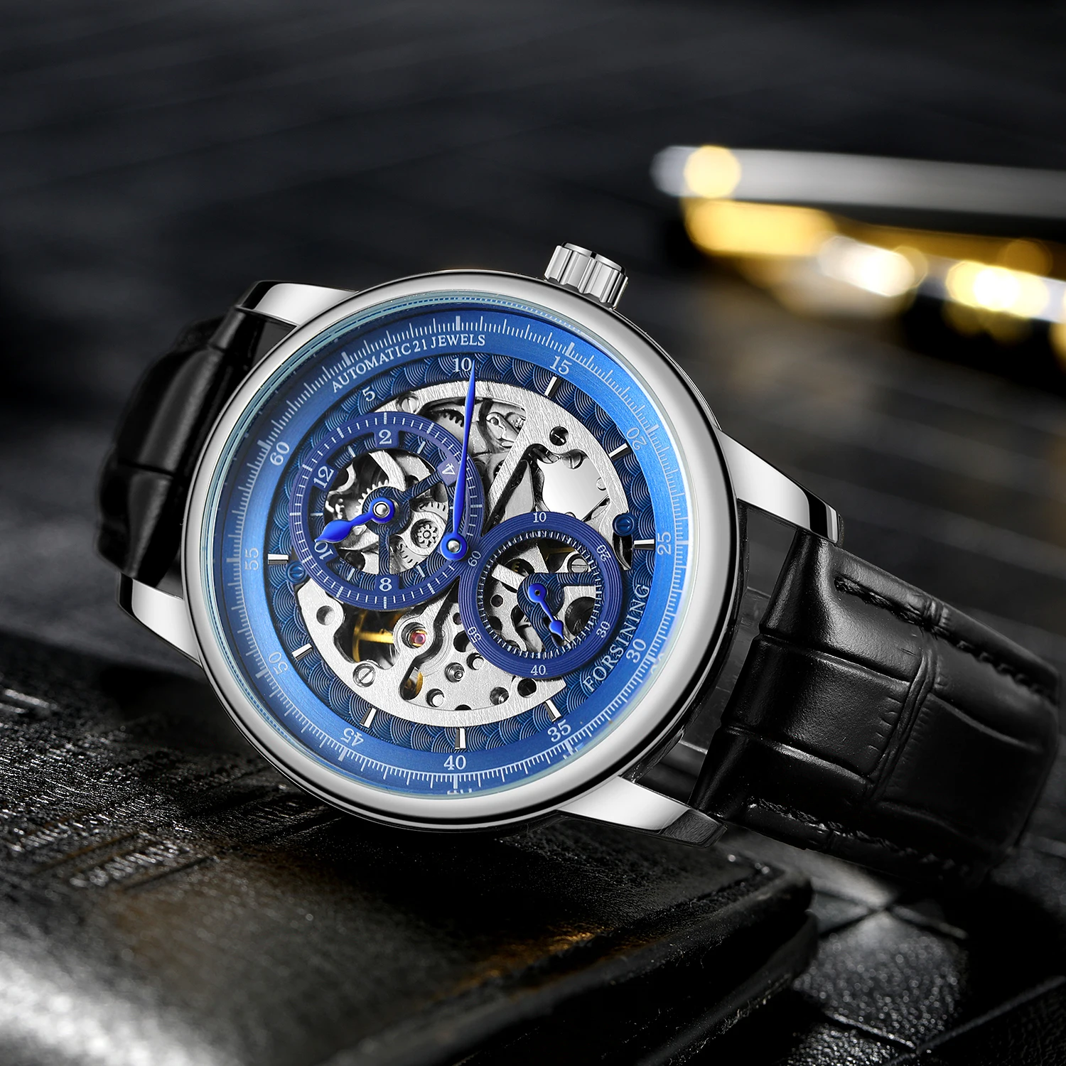 

FORSINING Fashion Casual Automatic Self-wind Male Clock Men Mechanical Wristwatch Skeleton Multi-dial Blue Hands Leather Watch