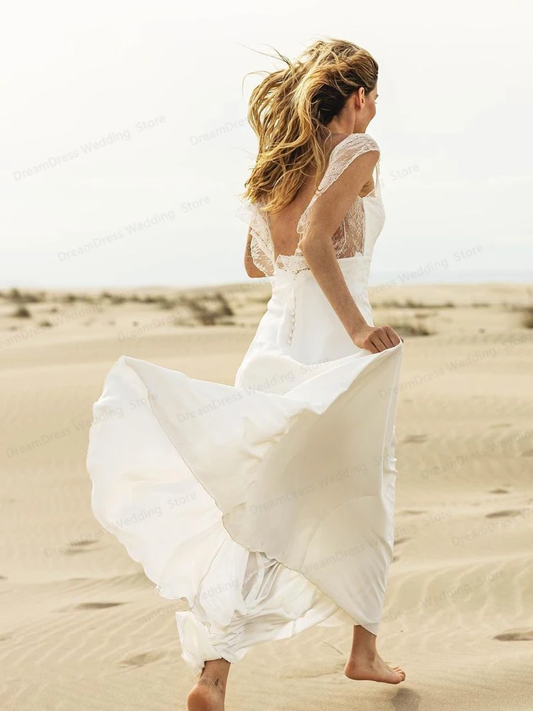 Vestidos de casamento boêmio praia simples laço vestido de noiva sem costas manga curta robe de mariee branco a line até o chão chiffon