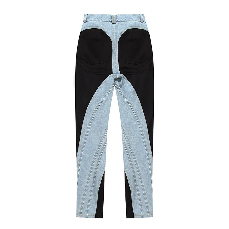 TWOTWINSTYLE Colorblock Patchwork Denim Pencil Pants Women High Waist Casual Slim Jeans Trousers Female Fashion 2023 Autumn New