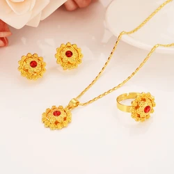 Red CZ Stone Gold Color Ethiopian Set  Necklace Earring Free Size Ring Habesha Jewelry Eritrean Best Holiday Wedding Paday Gifts