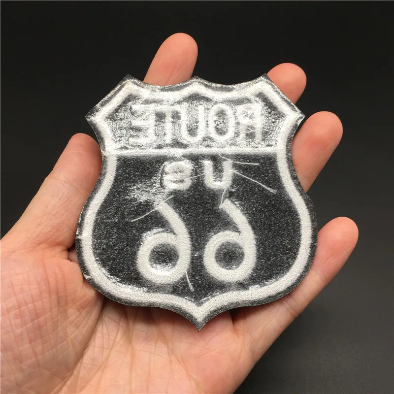 Route 66 dimensioni: 7.2x7.8cm Patch per vestiti fai-da-te ferro su Badge striscia ricamata per abbigliamento giacca adesivo Applique per cucire