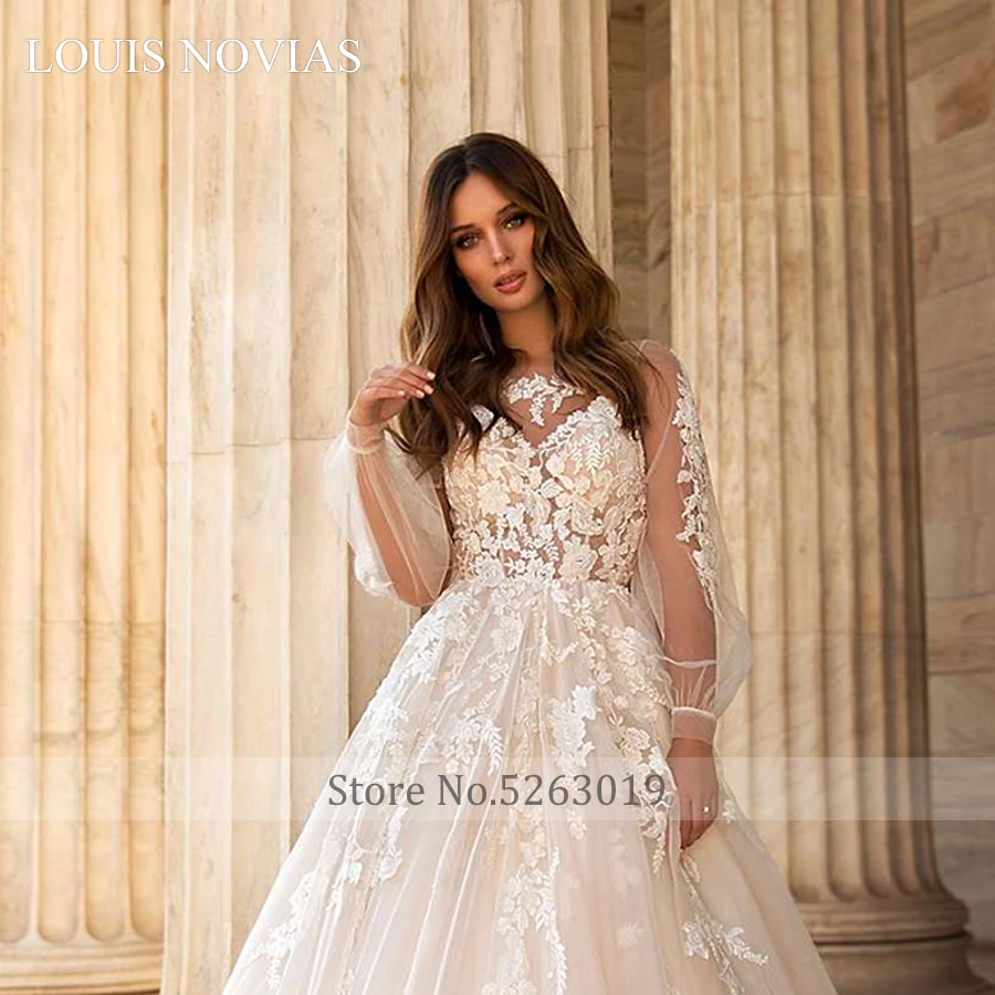 Louis Novias Abito Da Sposa Manica Lunga Ricamo Squisito Spazzata Spazzola Treno Illusion Scollo A V Abiti Da Sposa Vestido De Noiva