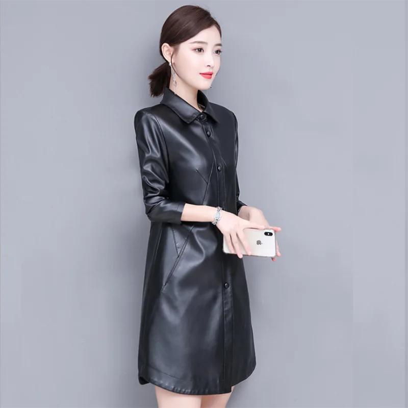 2022 Autumn Winter Women\'s Leather Jacket Fashion Slim Medium-Long Bomber Leather Coat Female Thin Leather Windbreaker Outerwear