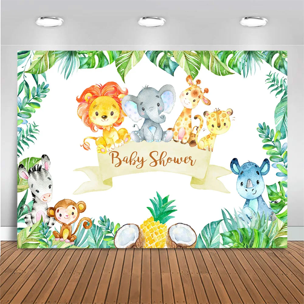 MOCSICKA سفاري الغابة استحمام الطفل خلفية الكرتون الحيوانات أوراق خضراء الطفل عيد ميلاد صور خلفية الديكور الاستوديو