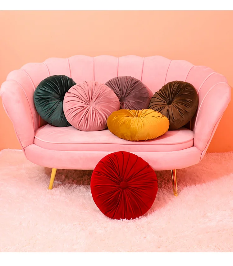 Home Decorative Craftsmanship Pleated Throw Pillow Round Pumpkin Velvet Cushion Floor Pillows for Living Room Chair Couch Sofa