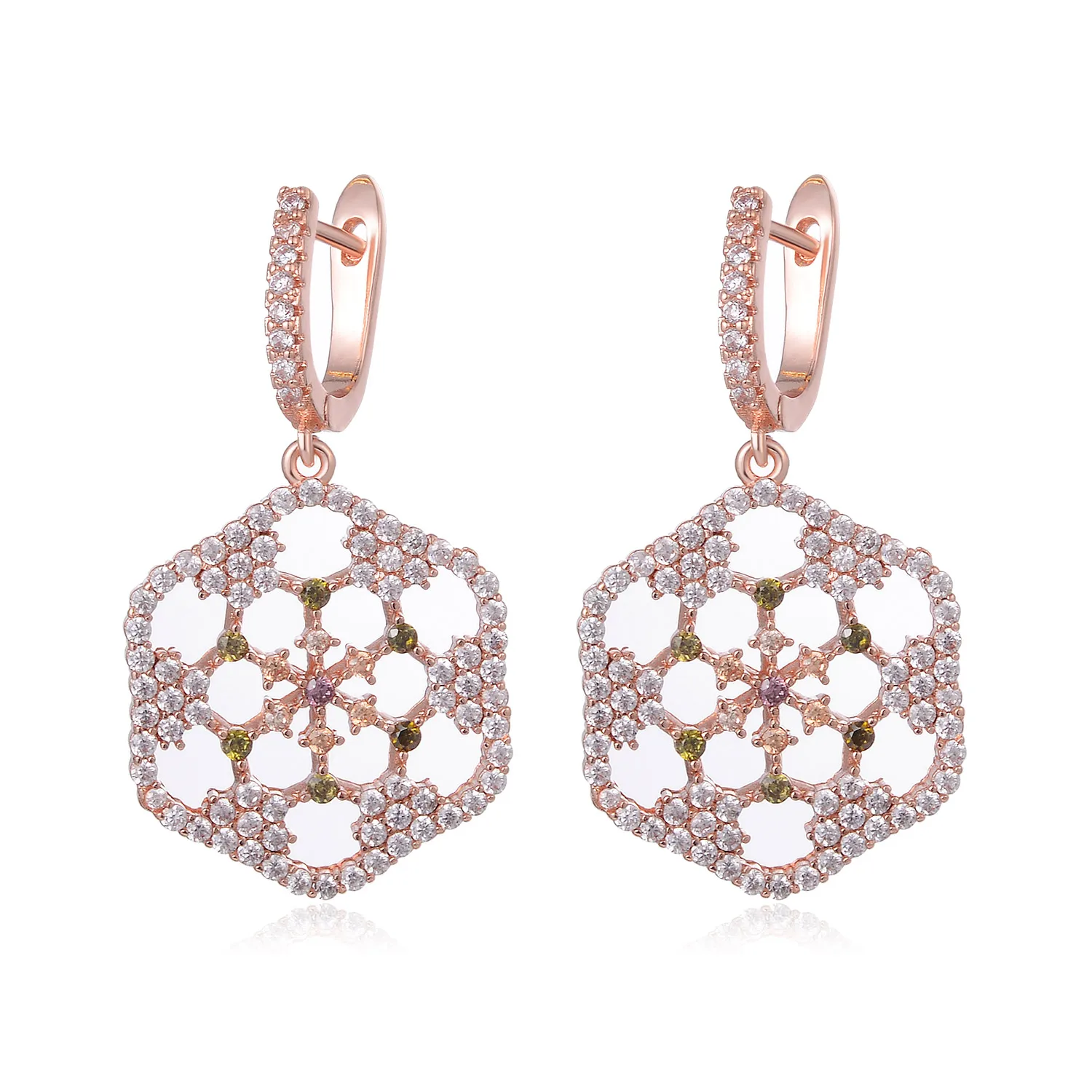 Shinny Hexagon Design Drop Earrings Inlaid Stone Hollow Female Hanging Type Gift for Women