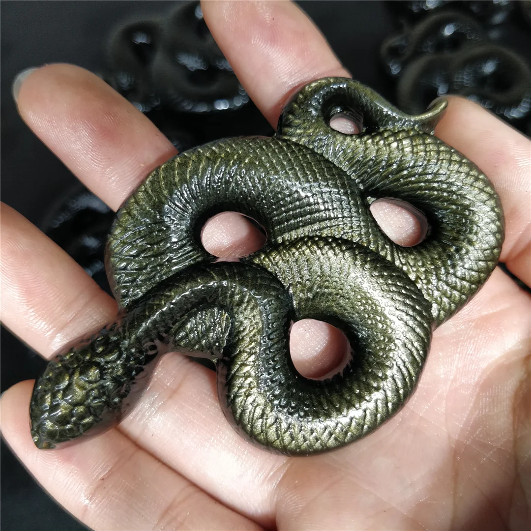 Natural Gold Obsidian Quartz Crafts Boa Constrictor Carvings Coil Snake Animal Figurine Statue Folk Craft Wicca Decor Ornament