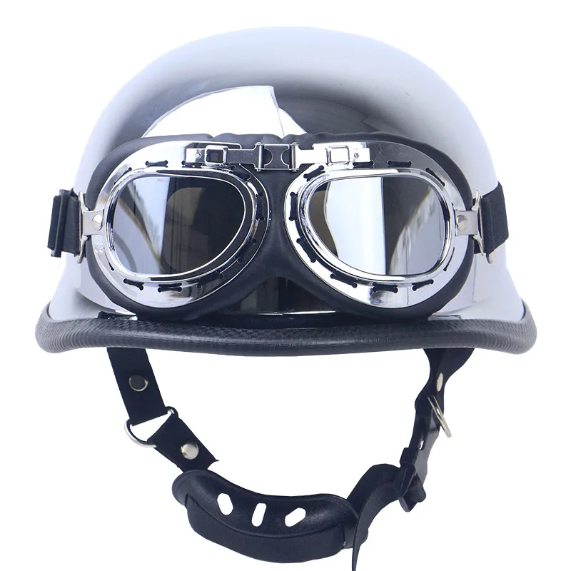 DOT Chrome Silver Mirror Color Motorcycle Helmet German Motorcycle Half Helmet Chopper Biker Pilot Helmet with Free Goggle