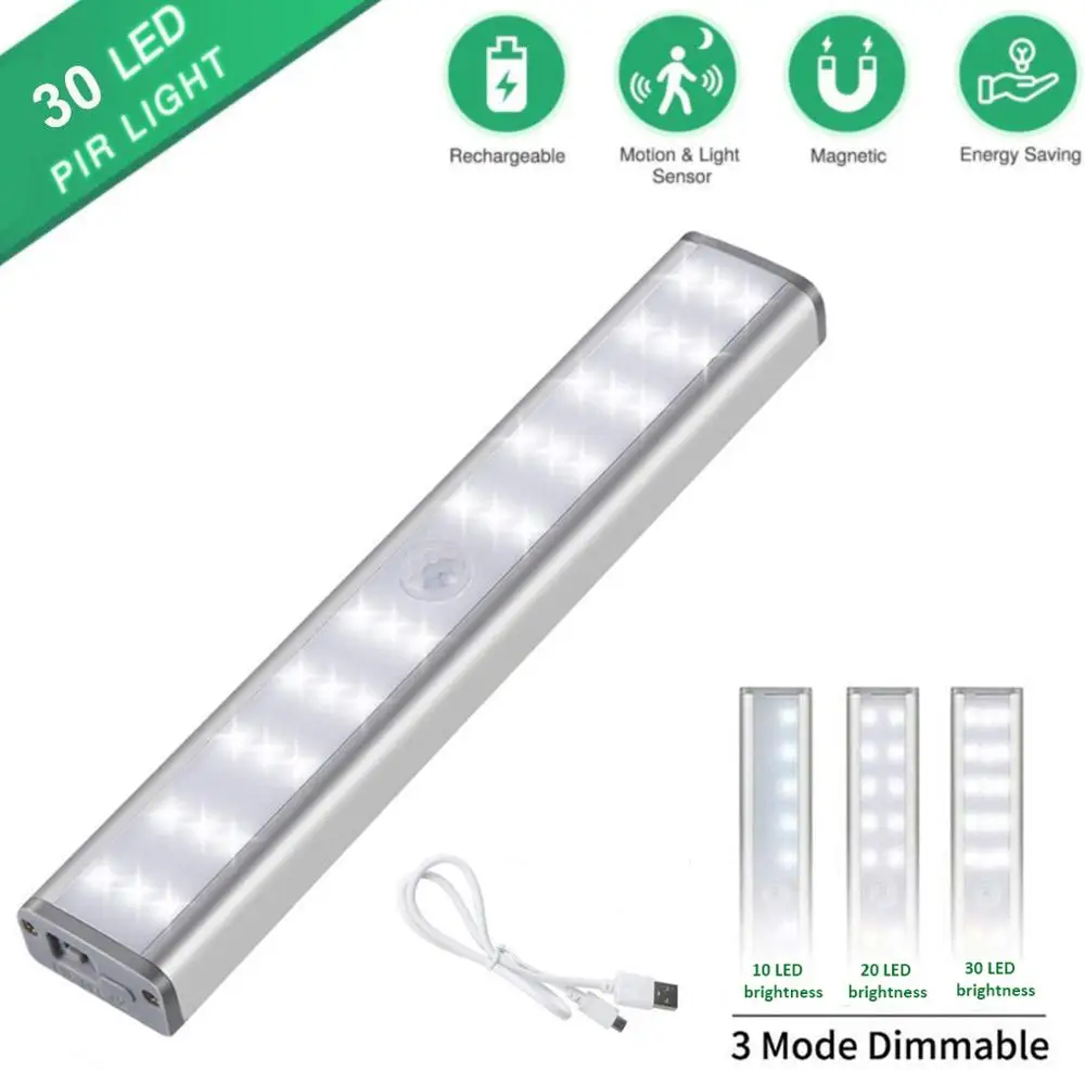 

30 LED Motion Sensor Under Cabinet Light USB Rechargeable Motion Sensor Light For Kitchen Stair Hallway Cupboard Wardrobe Closet