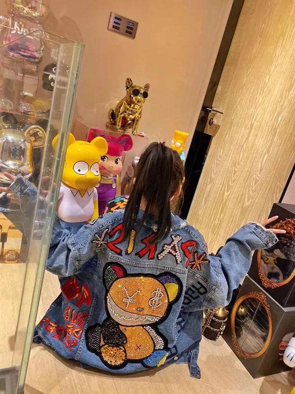 Women\'s Denim Jacket Outerwear Diamond Letters Printed  Female 2024 Spring And Autumn New Fashion Long Sleeved Denim Coats