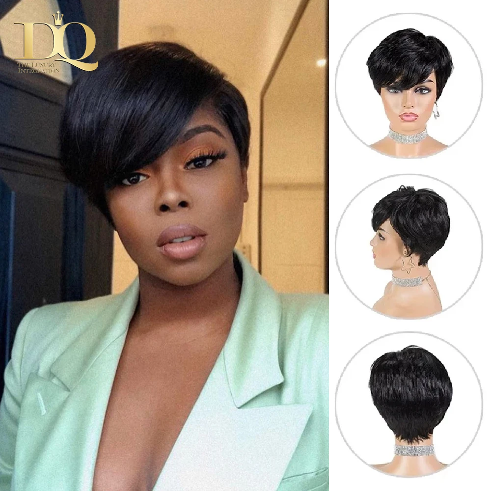 DQ Short Razor Cut Wavy Bob Pixie Wigs Non Lace Front Human Hair Wigs With Bangs For Women Full Machine Made Remy Brazilian