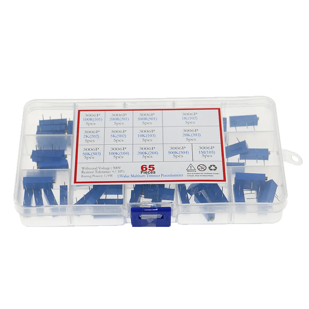 

65 шт. 3006P серия 100R 500R 1K 2K 5K 10K 20K 50K 100K 500K многооборотный потенциометр Ассортимент комплектов переменных резисторов с коробкой