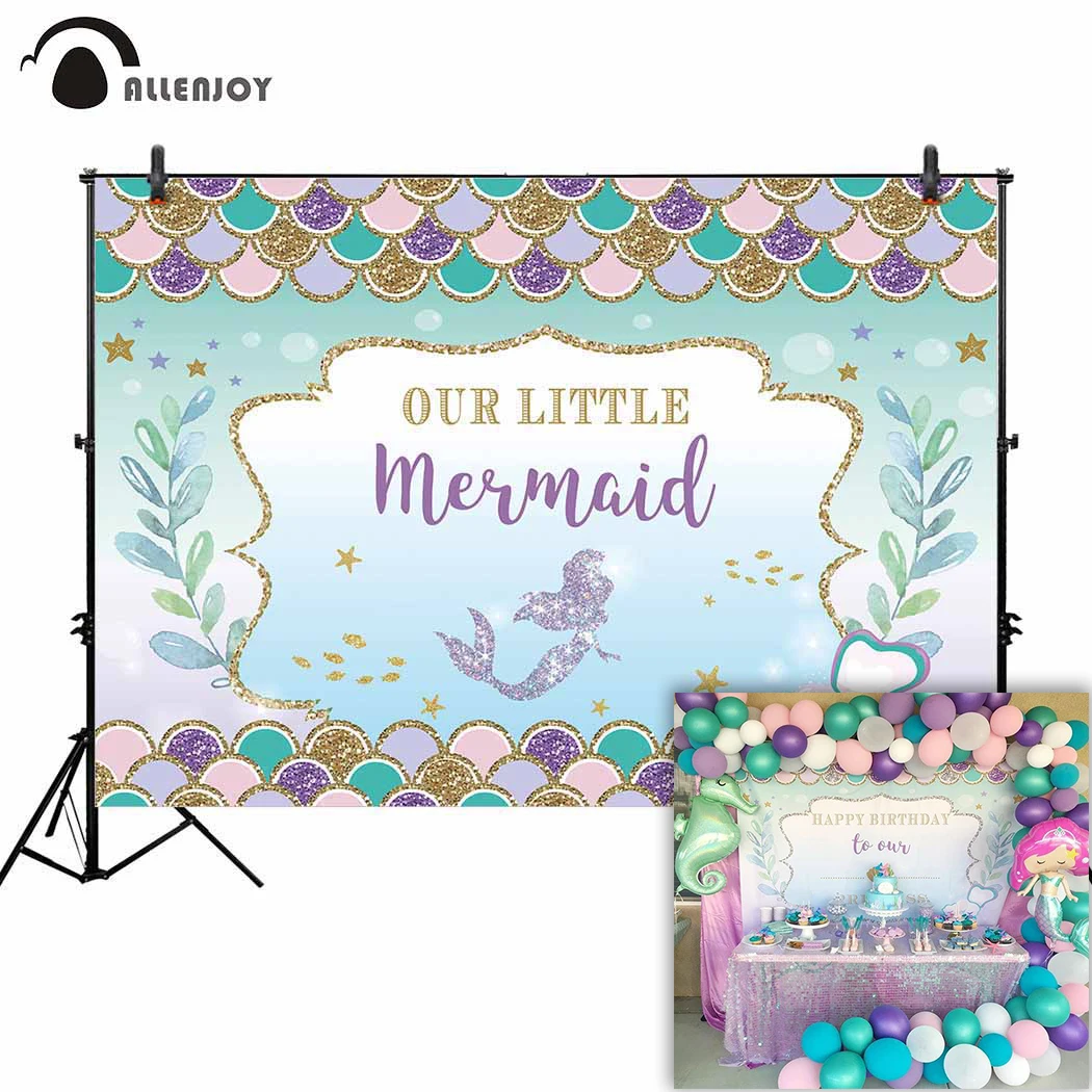 

Allenjoy mermaid birthday princess backdrop glitter fish scale seabed background photo studio party photocall photobooth custom