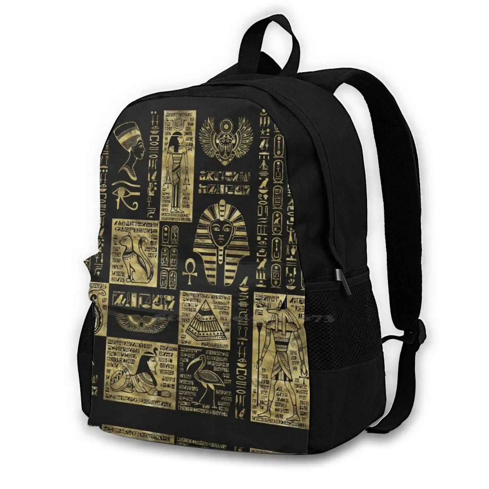 Egyptian Hieroglyphs And Gold On Black Leather Women Men Teens Laptop Travel School Bags Egypt Egyptian Pharaon Ethnic Papirus