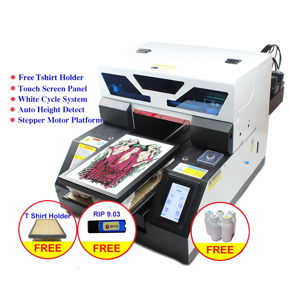 Touch Screen A4 UV printer DTG Tshirt textile fabric UV printing machine with gift ink set for bottle phone case  Metal wood pen