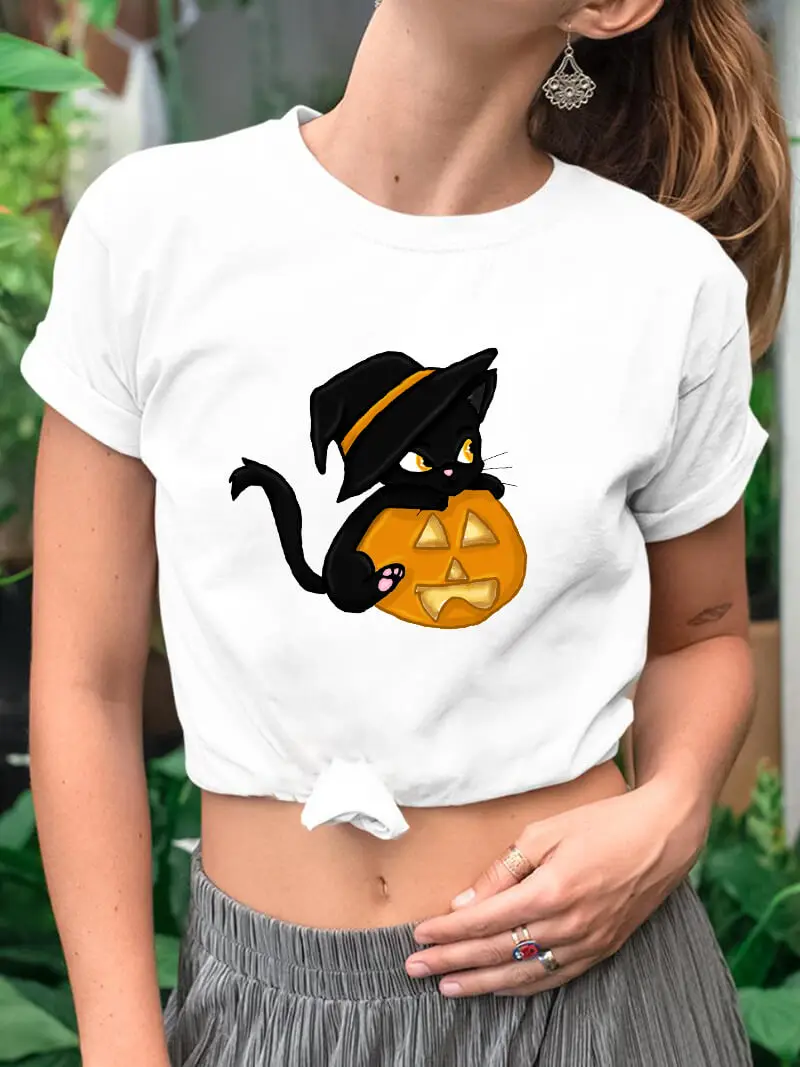 Pumpkin Cute Cat 100%Cotton Women Tshirt Unisex Funny Summer Casual Short Sleeve Top Halloween Party Shirt Pet Lover Gift