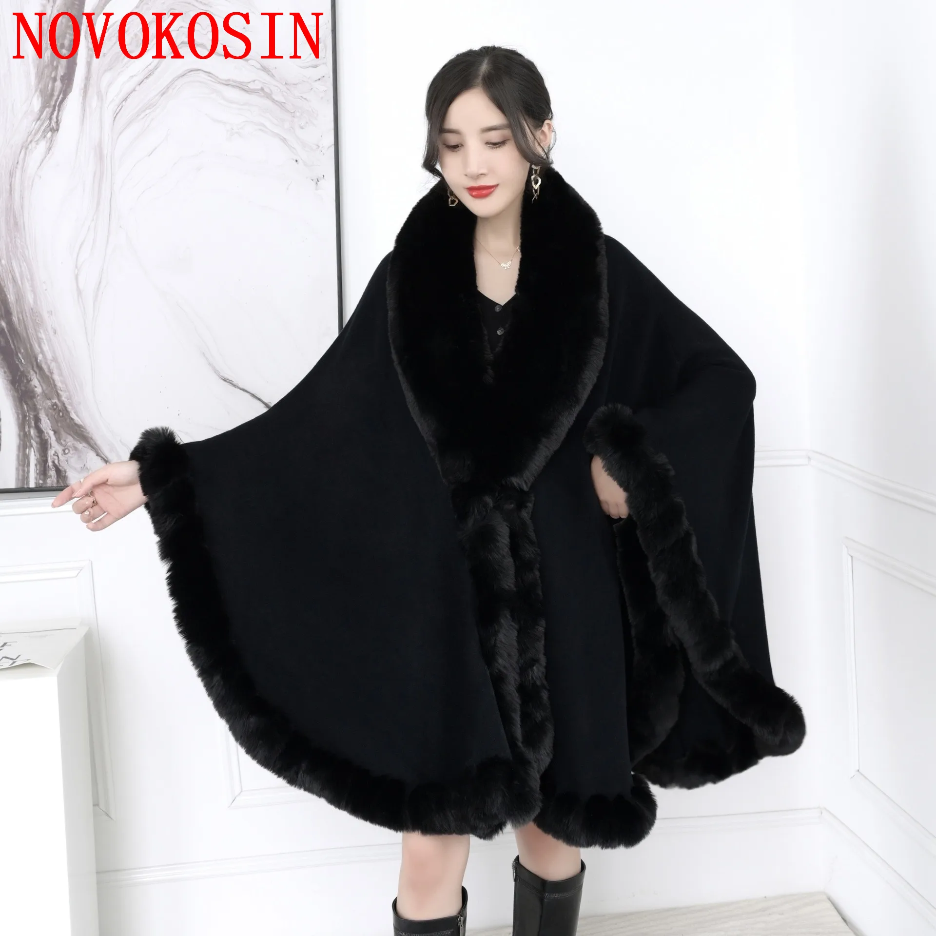 

16 Colors Winter Thick Poncho Cardigan Long Cloak Big Pendulum Loose Shawl Coat Women String Rabbit Fur Collar Outstreet Wear