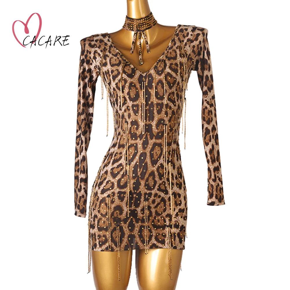 Vestido de baile Latino con purpurina para mujer, traje de baile de competición con flecos para niña, Salsa, leopardo Latino, personalizado, D1151, CACARE