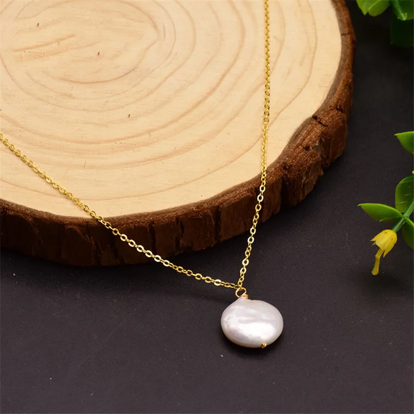 

Natural Freshwater Button Pearl Pendant Necklace Clavicle Chain accessories REAL classic fashion Cultured handmade