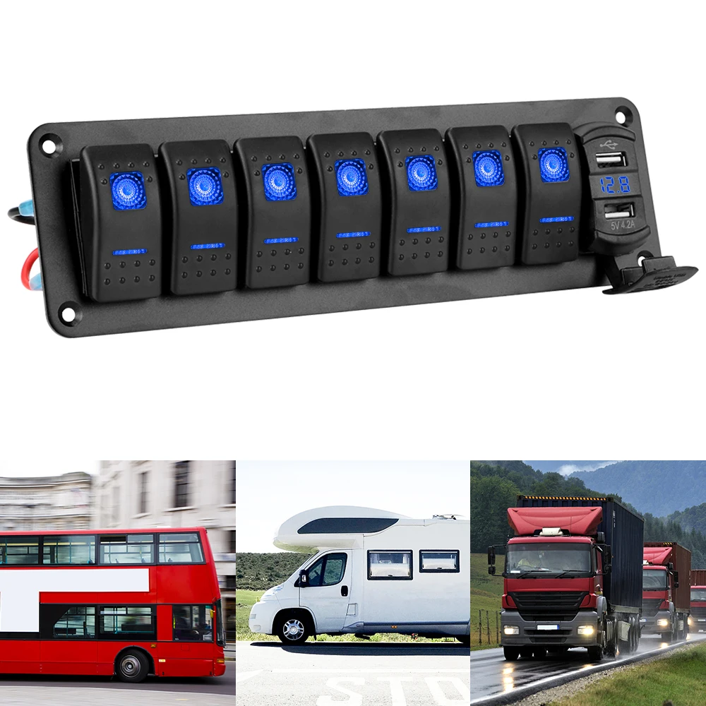 DC 12V/24V Dual USB Chargers Car Truck Bus Ship Marine Circuit Breaker Digital Voltmeter 7 Gang Rocker Switch Panel