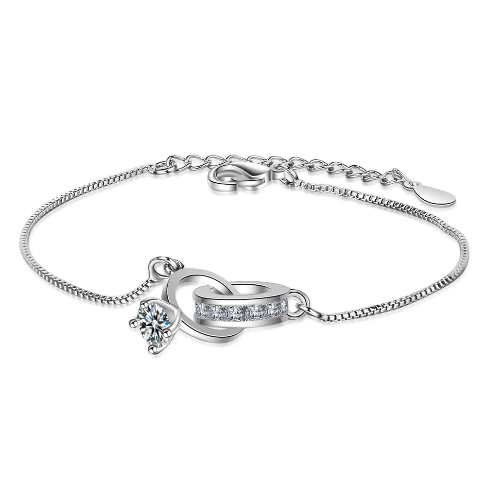 S925 Banhado A Prata Zircão Duplo Círculo Charm Bracelet & Bangle Para As Mulheres Elegante Partido Jóias Presente Pulseras sl130