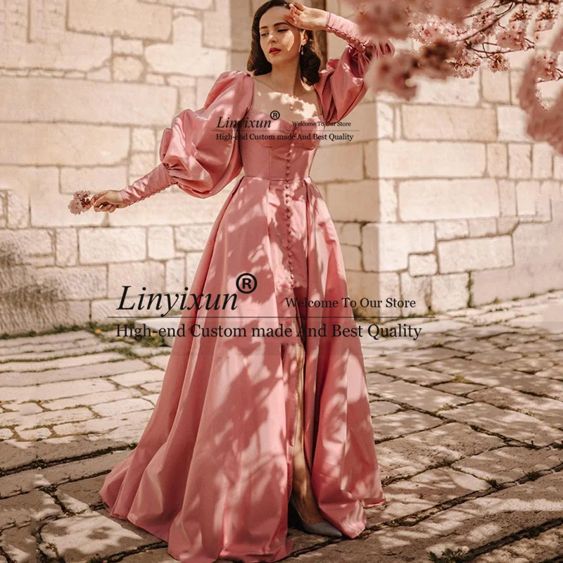 

Fairy Pink Long Prom Dresses 2021 Puff Sleeve Formal Evening Party Gowns Buttons Split Front Taffeta Vestido de Formatura