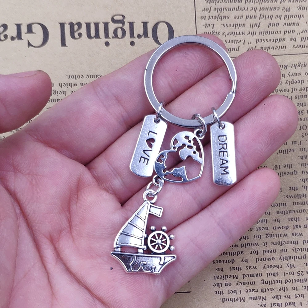 Travel Round The World Keychain Sailboat Key Ring Retro Silver Plated Pendant Student Birthday Gift