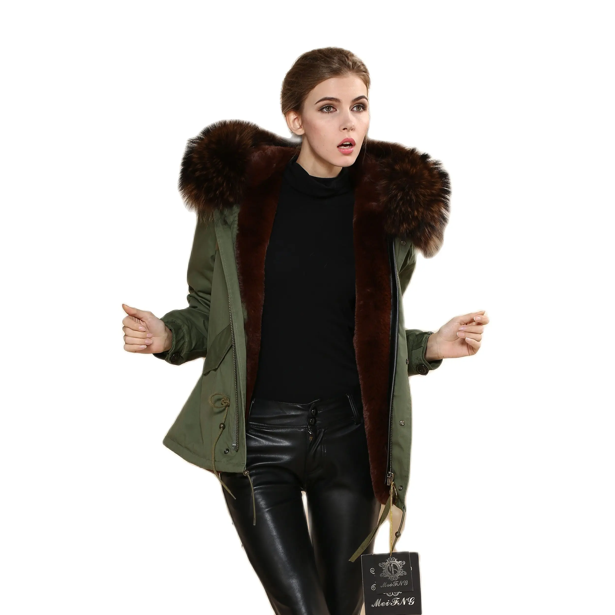 Grote Bruine Wasbeer Bontkraag Korte Uitloper Mrs Bruine Faux Fur Parka Winter Polulaire Jas