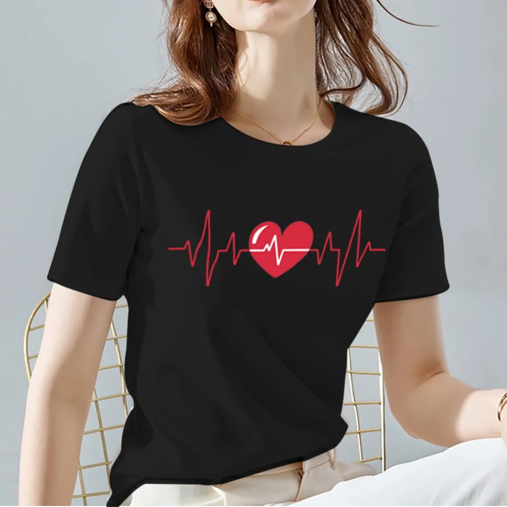 Women Tops Tee Black All-match Casual Ladies T-Shirts O Neck Love Heart Pattern Print Commuter Short Sleeve Women's Clothing