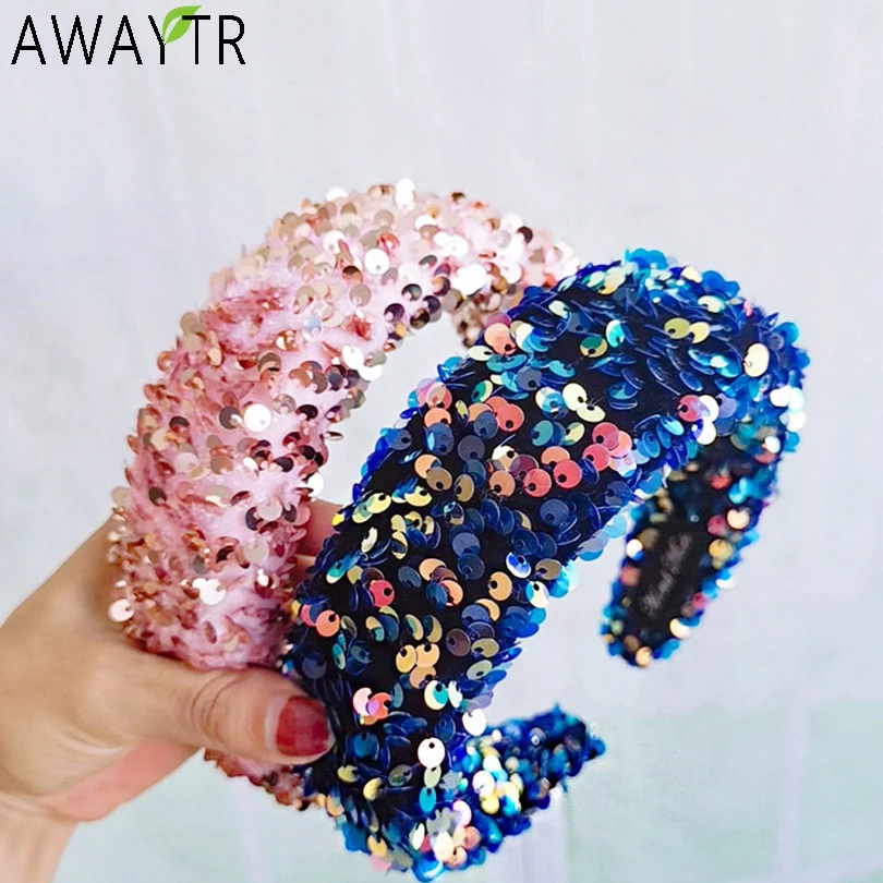 AWAYTR-diademas gruesas con lentejuelas brillantes para mujer, diademas anchas, Aro para la cabeza, bandas para el cabello para niñas, accesorios para el cabello