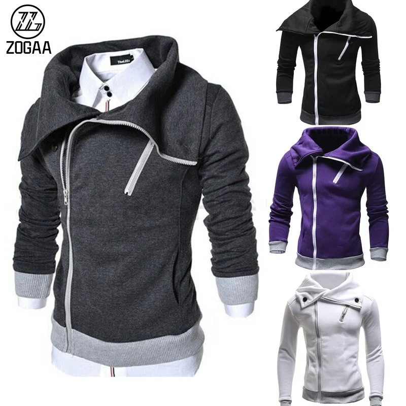 ZOGAA Men's Fashion Diagonal Zipper Pullover Hooded Color Matching Sweater Casual Jacket