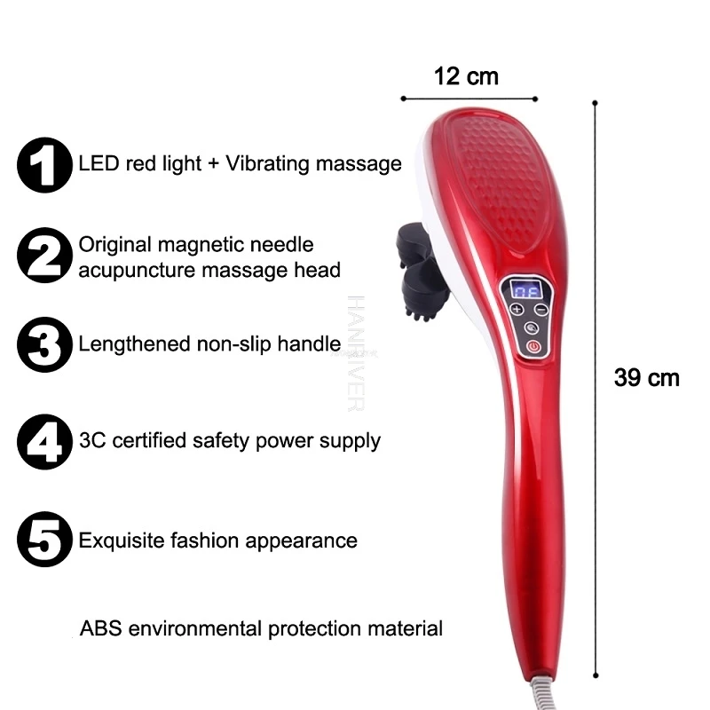 Electric Shiatsu Neck Back Massager Far Infrared Magnet Acupressure Vibration Handle Massage Waist Massager Device Pain Relief