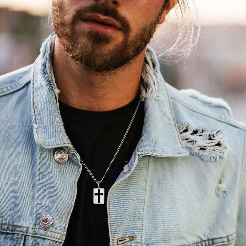 Men Necklaces, Cross Cut Out Pendant, Stainless Steel Small Dog Tag Necklace, Christ Religion Jewelry image 2
