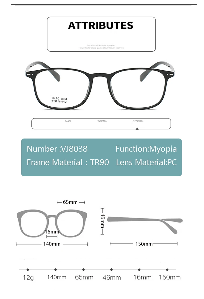 Tr90 quadratische kurzsichtige Brille mit Grad Frauen Männer Retro klarer Spiegel kurzsichtige Brille 0 -0.5 -1.0 -1.5 bis -6.0 transparent – Detail 4