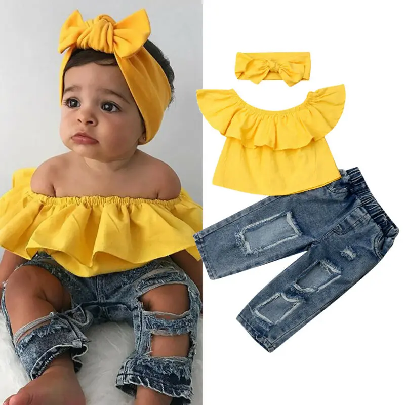 SUNSIOM Toddler Baby Girl Clothes Off Shoulder Ruffle Tops Hole Denim Jeans Pants Bowknot Headband 3Pcs Outfits Summer Clothes