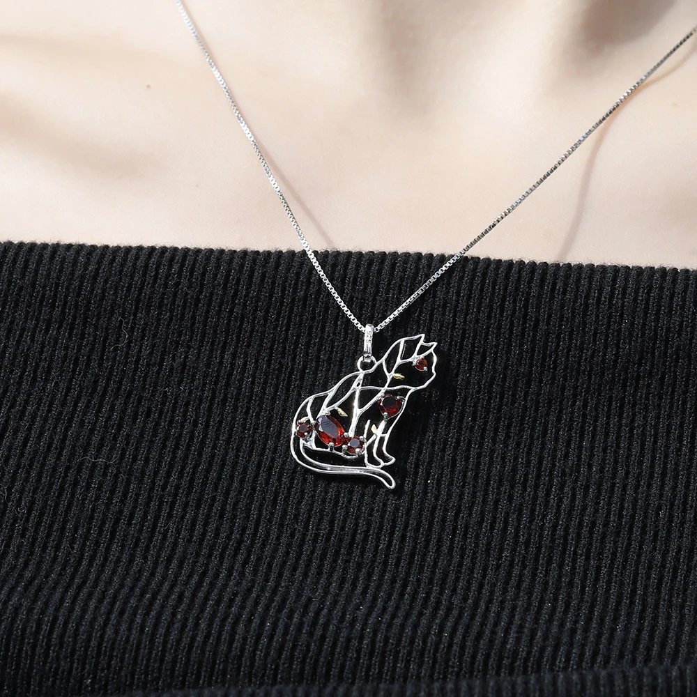 GEM\'S BALLET Natural Red Garnet Gemstone Fine Jewelry 925 Sterling Silver Handmade Cat Shape Pendant Necklace For Women