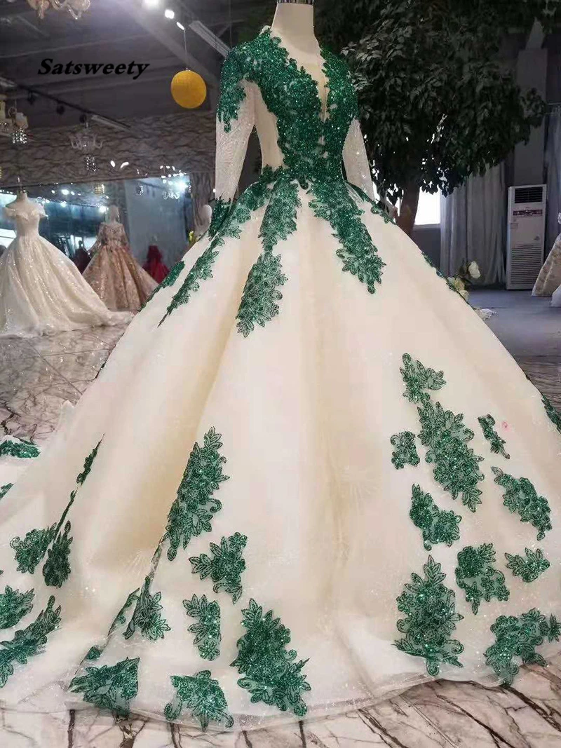 Abiti da ballo in tessuto glitterato abiti da sposa bohémien verde scuro in pizzo con perline corsetto corte treno maniche lunghe abiti da sposa