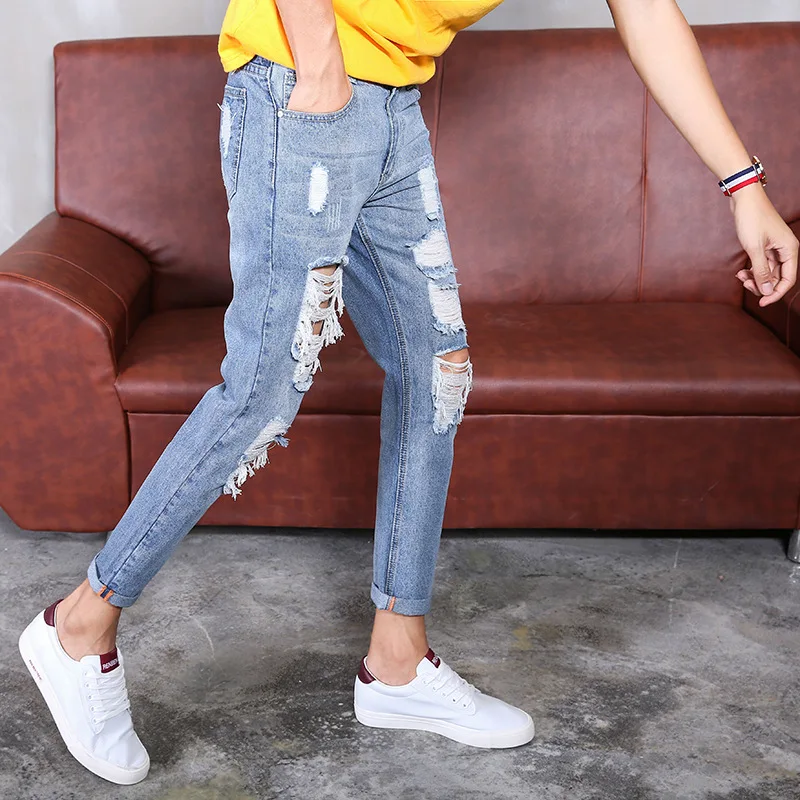 

European Men's New Italy Famous Brand Jeans Slim Casual Fashion Trousers Male Straight Gentleman Light Blue Hole Denim Pants